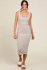 Cream Striped Fitted Square Neck Midi Dress