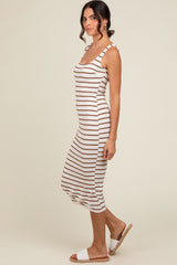 Cream Striped Fitted Square Neck Midi Dress