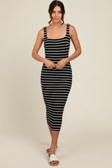 Black Striped Fitted Square Neck Midi Dress