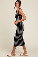 Black Striped Fitted Square Neck Midi Dress