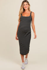 Black Striped Fitted Square Neck Maternity Midi Dress