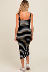 Black Striped Fitted Square Neck Maternity Midi Dress