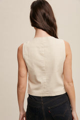 Natural Fitted Linen Vest With Pockets