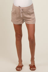 Beige Drawstring Side Pocket Maternity Shorts