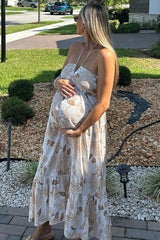 Beige Floral Ruched Front Halter Maternity Midi Dress