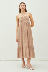 Taupe V-Front Halter Maternity Midi Dress