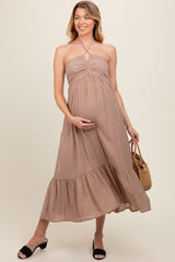 Taupe V-Front Halter Maternity Midi Dress