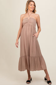 Taupe V-Front Halter Maternity Midi Dress