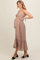 Taupe V-Front Halter Maternity Midi Dress