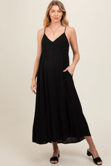 Black Sleeveless V-Neck Maternity Midi Dress