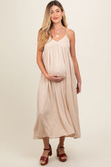 Beige Flowy Maternity Maxi Dress