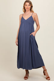 Blue Sleeveless V-Neck Maternity Midi Dress