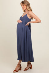 Blue Sleeveless V-Neck Maternity Midi Dress