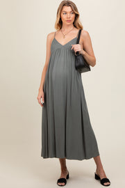 Light Olive V-Neck Sleeveless Maternity Midi Dress