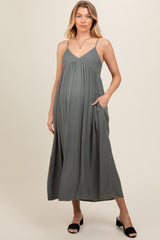 Light Olive V-Neck Sleeveless Maternity Midi Dress