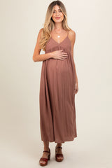 Mocha V-Neck Sleeveless Maternity Midi Dress