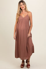 Mocha V-Neck Sleeveless Maternity Midi Dress