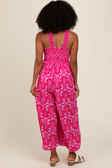 Fuchsia Printed Smocked Cropped Jumpsuit