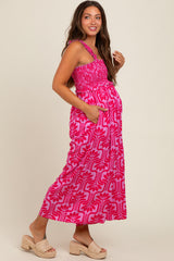 Fuchsia Printed Smocked Cropped Maternity Jumpsuit