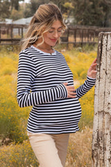 Black Striped Long Sleeve Ribbed Maternity Top