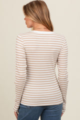 Beige Striped Long Sleeve Ribbed Maternity Top