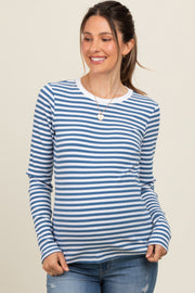 Blue Striped Long Sleeve Ribbed Maternity Top