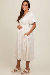 Cream Floral Smocked Waist Maternity Midi Dress