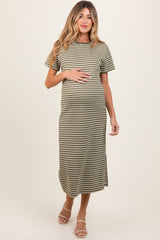 Olive Striped Short Sleeve Side Slit Maternity T-Shirt Midi Dress