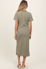 Olive Striped Short Sleeve Side Slit Maternity T-Shirt Midi Dress