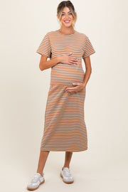 Rust Striped Short Sleeve Side Slit Maternity T-Shirt Midi Dress