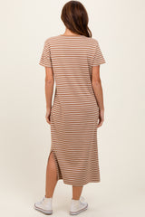 Rust Striped Short Sleeve Side Slit T-Shirt Midi Dress