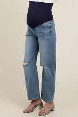 Blue Distressed Knee Straight Leg Maternity Jeans