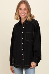 Black Contrast Stitch Button Up Collared Long Sleeve Top