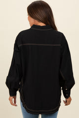 Black Contrast Stitch Button Up Collared Long Sleeve Maternity Top