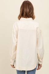 Cream Contrast Stitch Button Up Collared Long Sleeve Top