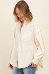 Cream Contrast Stitch Button Up Collared Long Sleeve Top