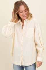 Cream Contrast Stitch Button Up Collared Long Sleeve Top