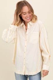 Cream Contrast Stitch Button Up Collared Long Sleeve Top