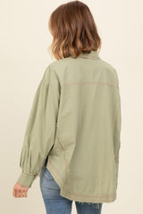 Light Olive Contrast Stitch Button Up Collared Long Sleeve Top