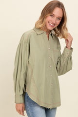 Light Olive Contrast Stitch Button Up Collared Long Sleeve Top