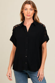 Black Button Down Lace-Up Shoulder Maternity Top