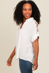 Ivory Button Down Lace-Up Shoulder Top