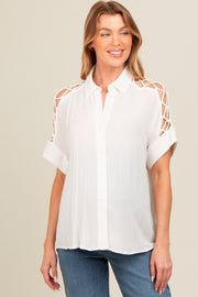 Ivory Button Down Lace-Up Shoulder Maternity Top