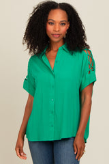 Green Button Down Lace-Up Shoulder Top