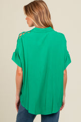 Green Button Down Lace-Up Shoulder Maternity Top