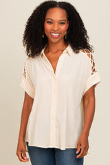 Beige Button Down Lace-Up Shoulder Maternity Top