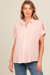 Blush Button Down Lace-Up Shoulder Maternity Top