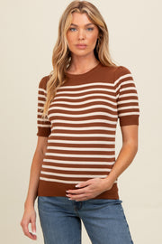 Mocha Striped Short Sleeve Knit Maternity Top