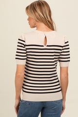 Beige Striped Short Sleeve Knit Maternity Top