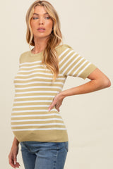 Light Olive Striped Short Sleeve Knit Maternity Top